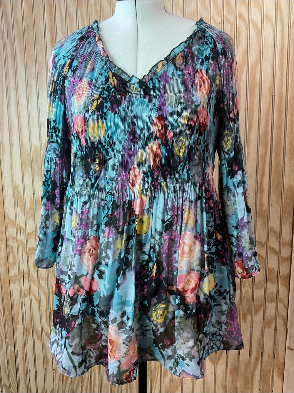 Allison Taylor Teal Pink Yellow Floral Top